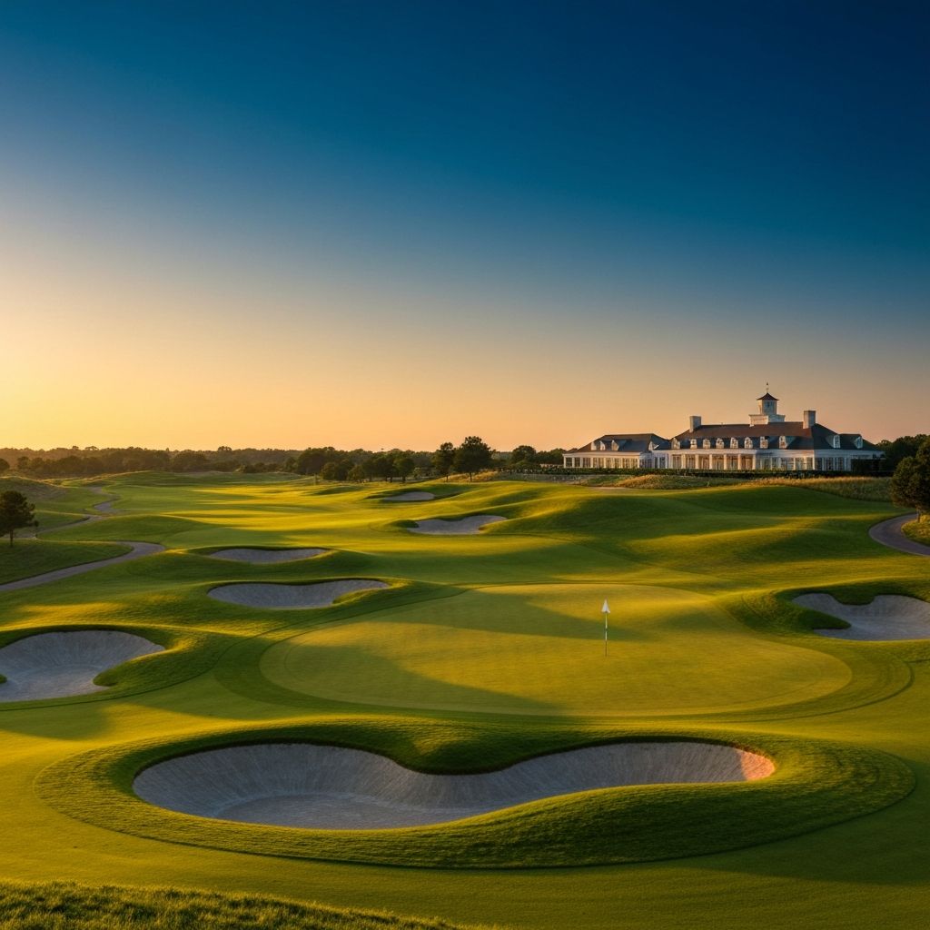 Scenic golf course with clubhouse at sunset